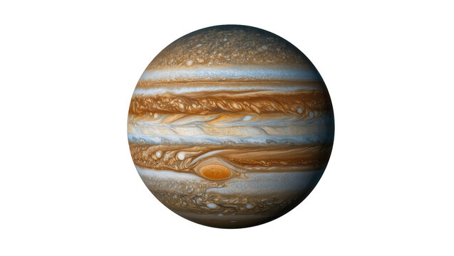 Vibrant swirling gas giant Jupiter displaying prominent bands storms, and polar cyclones