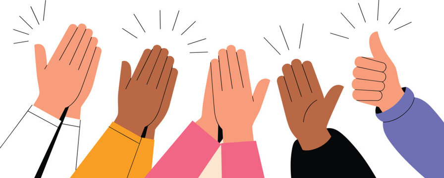 Diverse hands clapping and giving thumbs up vector illustration featuring various skin tones and clothing styles for corporate recognition success and community applause design