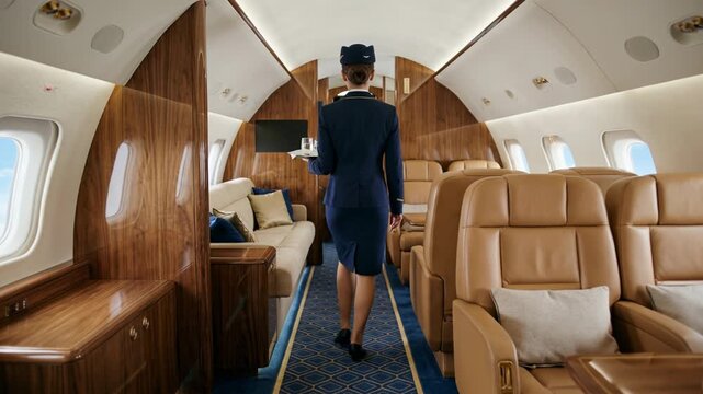 Luxury business jet interior with cabin crew serving water. Leather seats, wood paneling and soft lighting present corporate aviation comfort, executive travel, premium service and charter lifestyle.