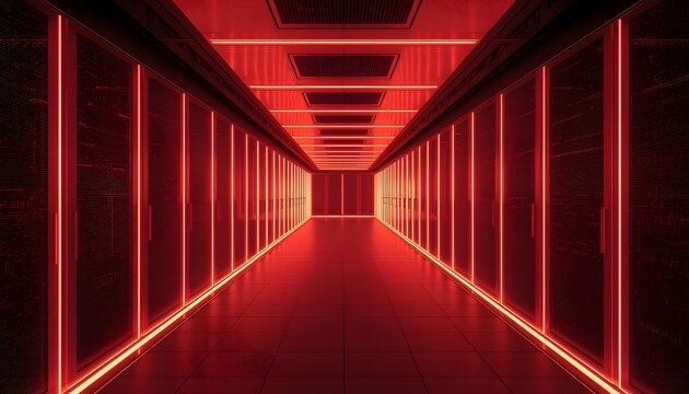 Futuristic data center corridor with glowing red neon lights and high tech server racks lining a symmetrical hallway in a modern digital infrastructure facility