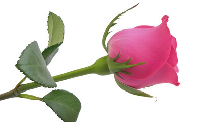Fototapeta premium Vibrant pink rosebud blooming, displaying lush green leaves and slender stem
