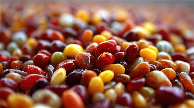 Pile of colorful, glossy, bean-shaped candies showing deep focus and shallow depth of field