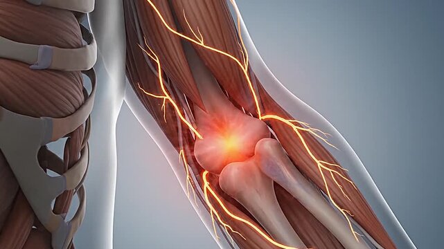 Anatomical illustration of a painful knee joint with inflamed nerves and muscles animation.