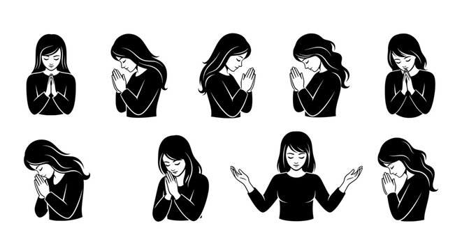 Christian girl praying icons set &ndash; Aesthetic faith clipart, devotional theme
