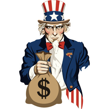 A cartoon illustration of Uncle Sam holding a money bag with a dollar sign.