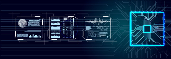 Futuristic technology interface with glowing CPU microchip and data analysis HUD on a dark blue background © sergray(noAIelemens)