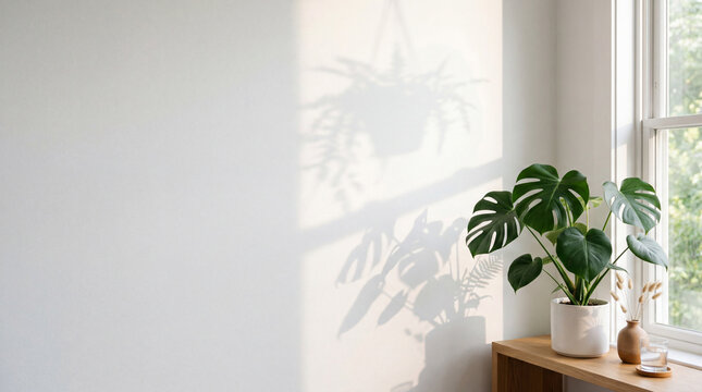 清潔感のある白い壁と観葉植物の影、ミニマルなWebデザイン用背景素材、コピースペース