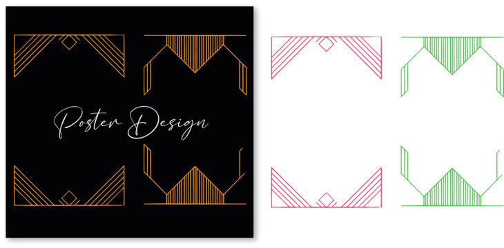 Art Deco poster design templates with geometric gold borders, vintage 1920s style frames in pink and green, elegant luxury vector borders for invitations