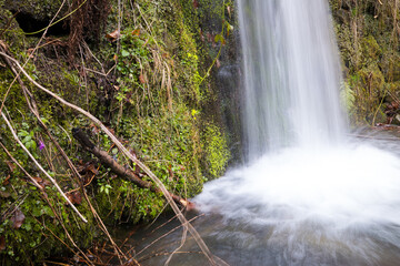 Wodospad na górskim strumieniu w wiosennym lesie © kubikactive