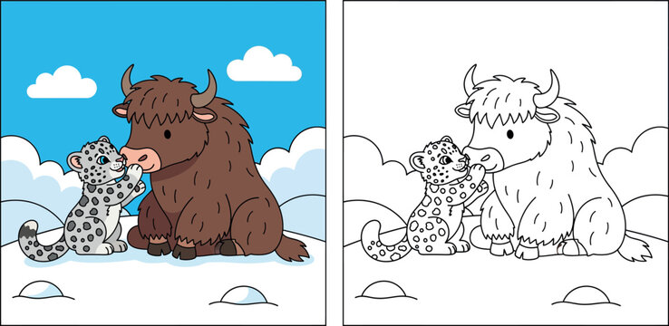 Cute cartoon snow leopard cub and brown yak friends playing together in winter snow vector illustration, adorable wild animals interaction for children book or nursery design
