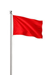 Fototapeta premium Red Flag on Pole Isolated on White Background, Waving Fabric Banner Minimal Concept