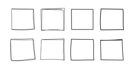 Set of hand drawn square set. Squares vector set in sketch style. Frames line in hand drawn style. ontinuous line square shape for web, frame,social networks. Doodle style shapes. Vector illustration.