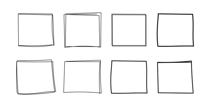 Set of hand drawn square set. Squares vector set in sketch style. Frames line in hand drawn style. ontinuous line square shape for web, frame,social networks. Doodle style shapes. Vector illustration.