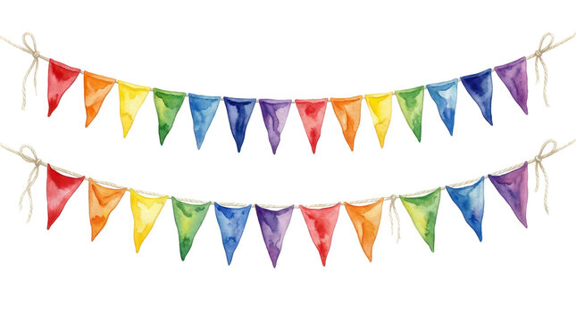 Colorful watercolor bunting flags strung on twine for festive decoration