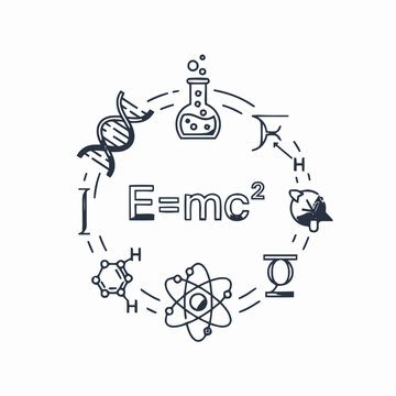 Circular array of scientific concept outline icons, displaying physics, chemistry, and biology symbols around the E=mc&sup2; equation, for education and discovery
