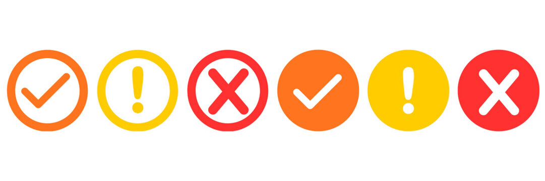 Red Cross, orange tick, and yellow exclamation mark, set of cross, tick, exclamation mark icons