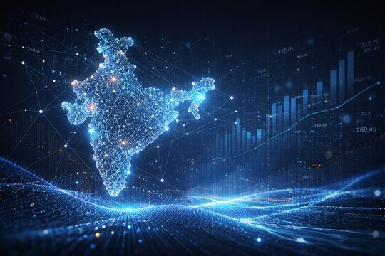India Digital Map with Data Analytics and Financial Growth Graph Background