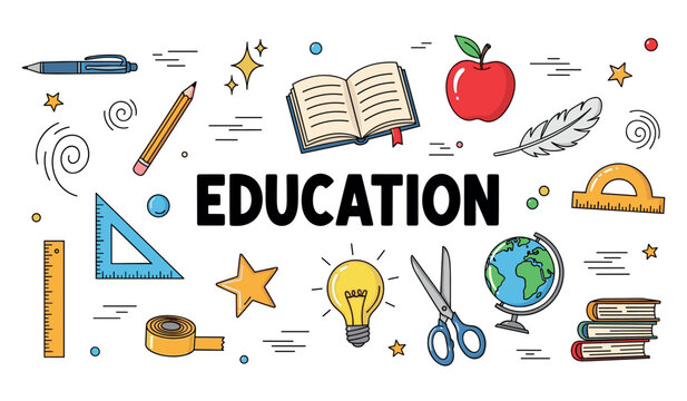 Education icons arranged around bold header on white background