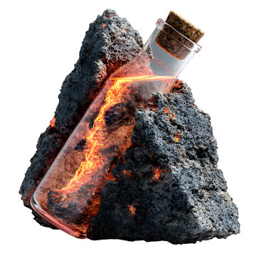 Fiery liquid contained within a glass bottle nestled in volcanic rock.