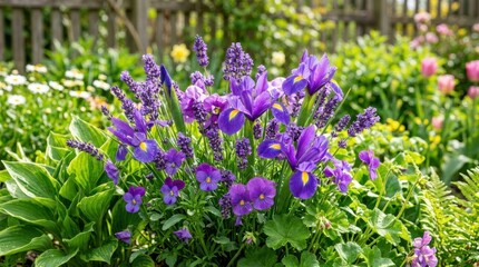 Obraz premium Vibrant purple iris and lavender flowers blooming in a lush garden setting