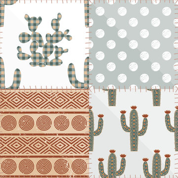 Seamless patchwork gingham pattern with kawaii cacti, hearts, tribal ornament, and stylized sews. Vector illustration