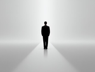 Fototapeta premium Solitary Figure in Business Attire Standing on Minimalist Background, Concept of Loneliness, Reflection, Journey, and Decision Making in Professional Life