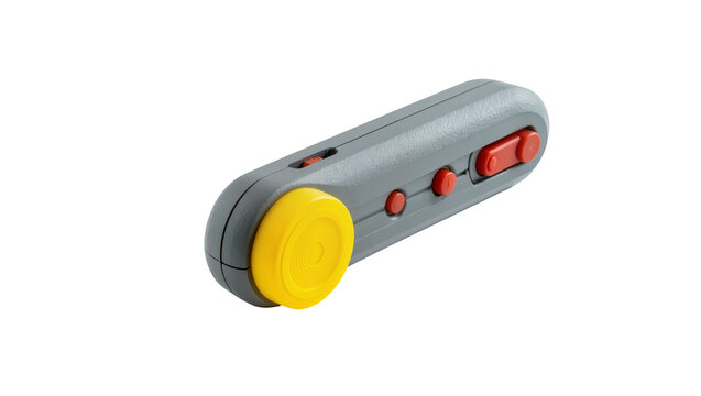 Gray plastic label maker, featuring yellow circular tape and red buttons