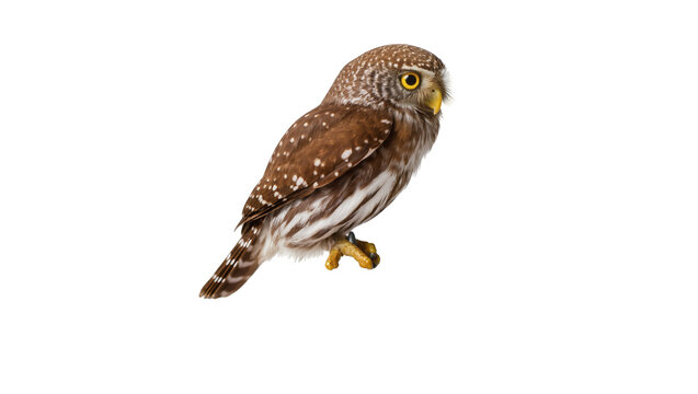 Small brown speckled owl perched, gazing forward with bright yellow eyes