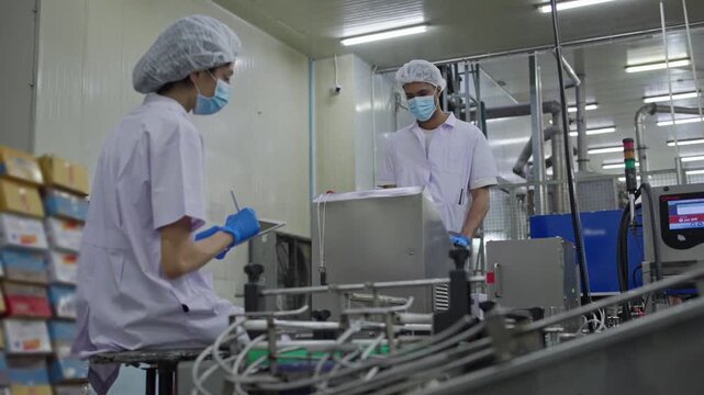 Quality control process in food manufacturing factory photo series cleanroom environment close-up view precision and safety