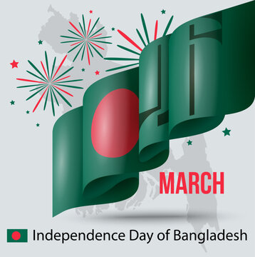 Bangladesh Independence Day celebration banner with waving Bangladeshi flag, fireworks and map silhouette on light background. Vector illustration