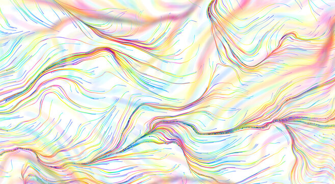 Artistic and vibrant abstract design featuring flowing lines in a spectrum of colors on a soft whit