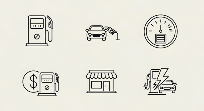 Gas Station and Electric Vehicle Charging Icons Set, Line Art Style