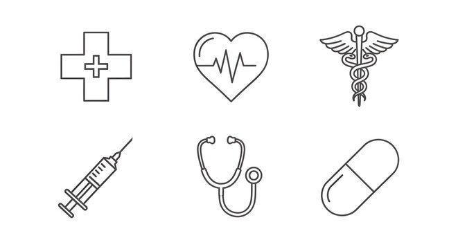 Medical Health Care Icons Set: Cross, Heartbeat, Caduceus, Syringe, Stethoscope, Pill