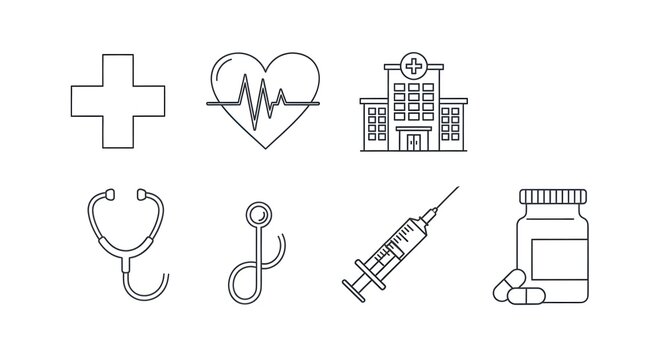 Medical Icons Set: Health, Hospital, Heartbeat, Syringe, Pills