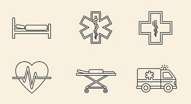Medical Healthcare Icons Set: Hospital Bed, Star of Life, Caduceus Cross