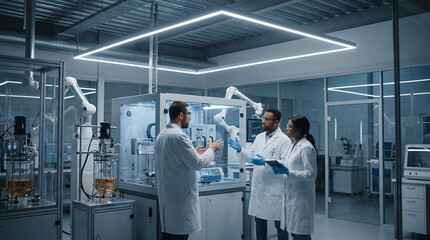 Naklejka premium Scientists in a modern laboratory discussing a robotic arm and advanced equipment, collaborating on innovation and research, 4k , Generative AI.