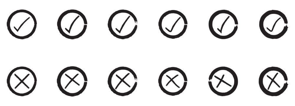 Set of hand drawn  check mark, cross and black background. checklist symbols including right and wrong signs in brush marker style. Vector illustration