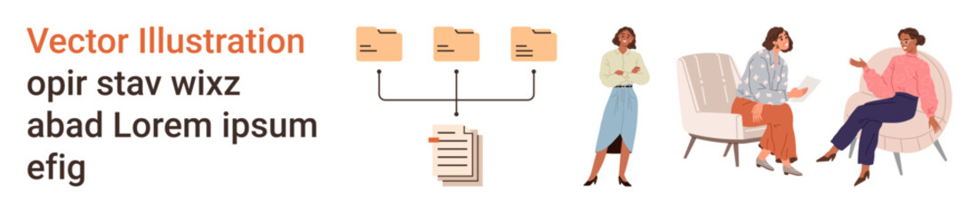 Obraz premium Collaboration, teamwork, organization, document management, digital communication, workflow. Three files connected to a document and colleagues discussing business ideas. Collaboration and teamwork