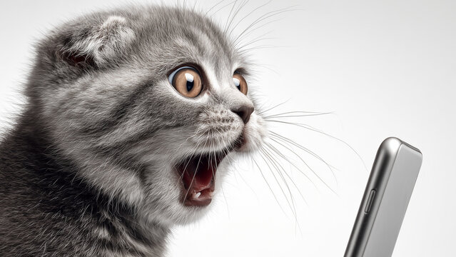 Smartphone shocked meme cat with copy space on white background  cat-meme_1443