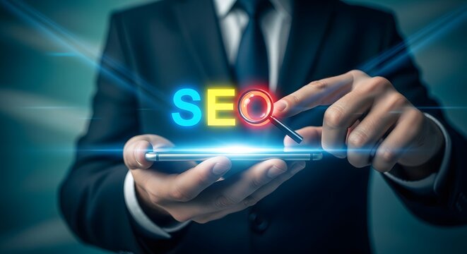 Seo optimization concept man interacting with digital seo display on a tablet