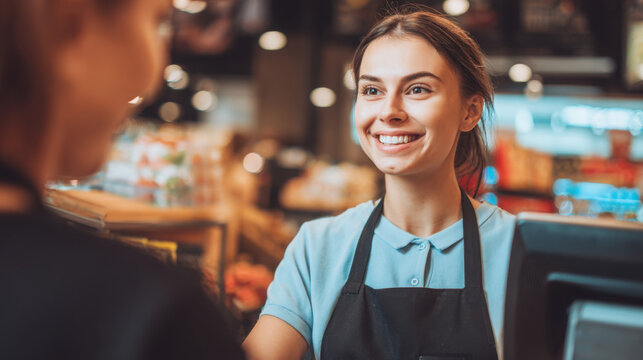 A cheerful young female cashier smiles warmly as she assists a customer at the checkout in a brightly lit grocery store environment now.