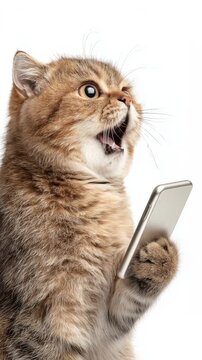 Surprised meme cat holding smartphone on white background, funny shocked cat reaction vertical video for TikTok and Instagram Reels