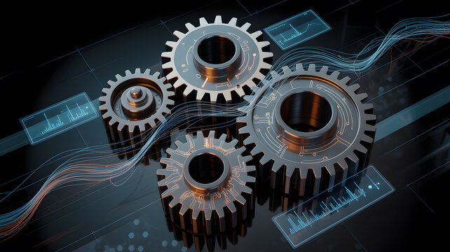 Digital overlay shows data flow around rotating gears representing mechanics