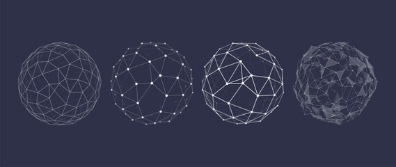 Abstract wireframe sphere collection with polygon mesh connections dots and lines futuristic low poly network technology shapes © ket4up