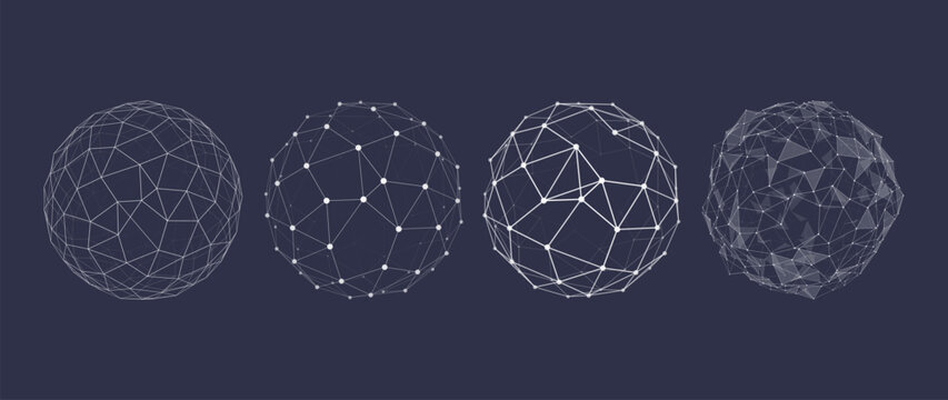 Abstract wireframe sphere collection with polygon mesh connections dots and lines futuristic low poly network technology shapes