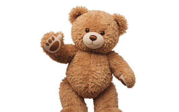 A friendly brown teddy bear waving with its left paw raised.