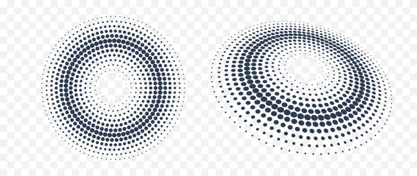 Circular halftone dot pattern collection with radial rings and perspective sphere effect isolated on transparent background