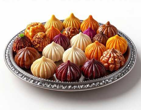 Assortment of colorful Modak sweets arranged on a decorative platter.