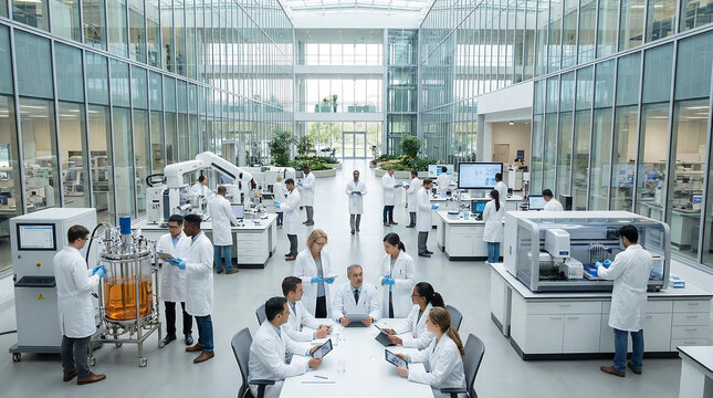 Spacious modern research facility with scientists collaborating in a bright, open-plan lab with advanced equipment, 4k, Generative AI.