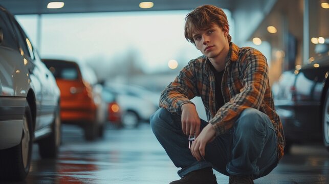 A man in a checked shirt sat down with his car keys in the car showroom, looking proud of his new purchase, against a backdrop that perfectly suited the automotive theme.